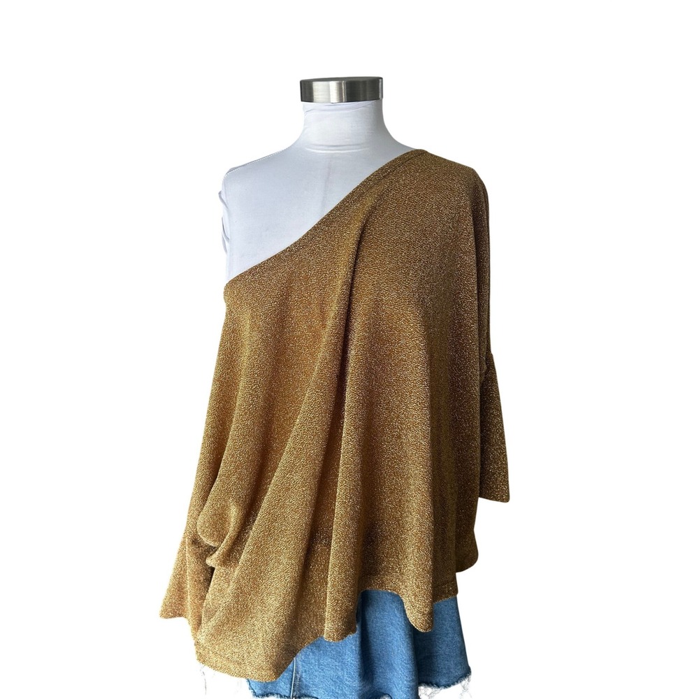 GOTA One Shoulder Oversized Top OS Gold Metallic Shimmer Draped Knit Poncho